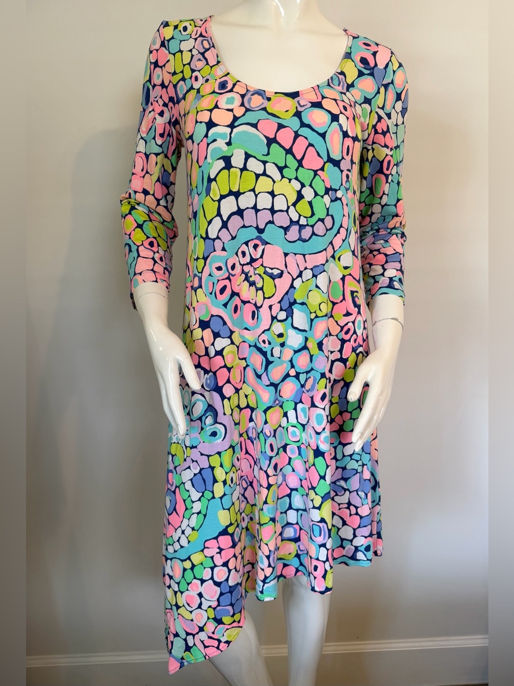 Lilly Pulitzer Ariana Gypsy Jungle Pastel Knit Asymmetrical Scoop Neck Dress Med